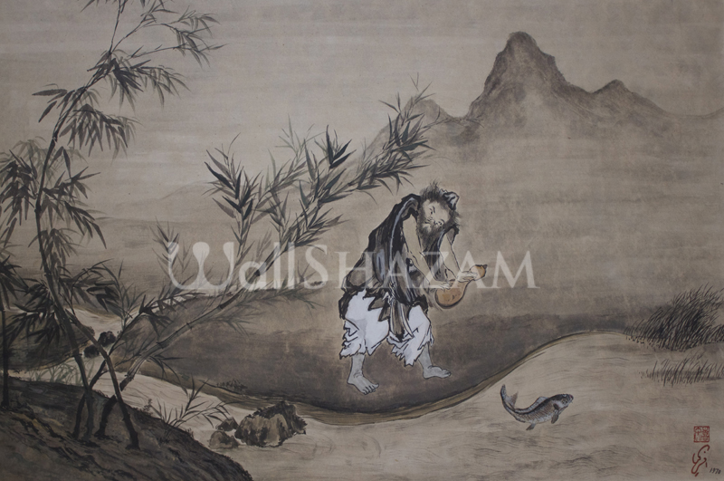 Japanese Sumie painting of Man fishing